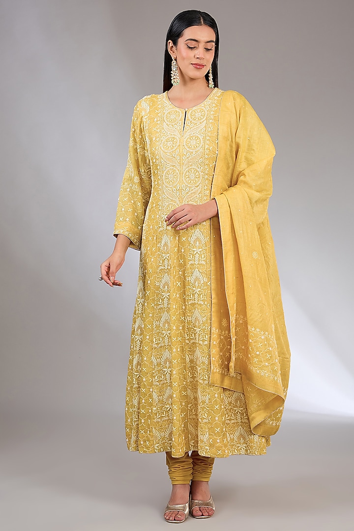 Yellow Tussar Pearl Embroidered Chikankari Anarkali Set by NYARA at Pernia's Pop Up Shop