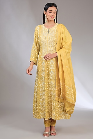 Yellow Tussar Pearl Embroidered Chikankari Anarkali Set by Nyara by Nicky Chawla