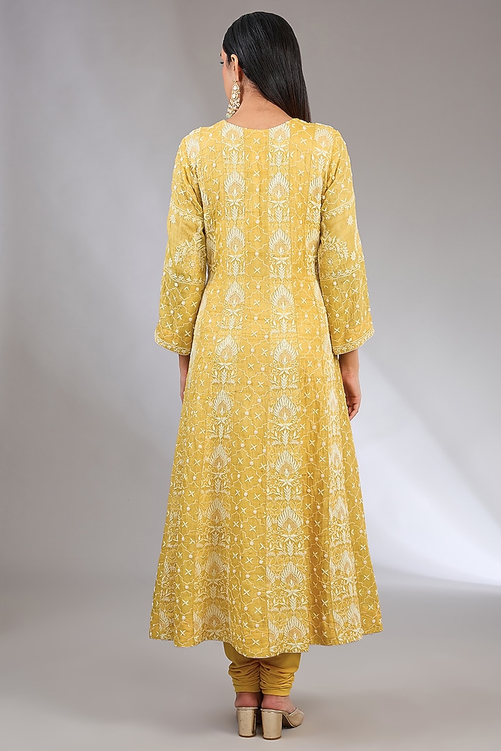 Yellow Tussar Pearl Embroidered Chikankari Wedding Anarkali Set by Nyara by Nicky Chawla at Pernia's Pop Up Shop