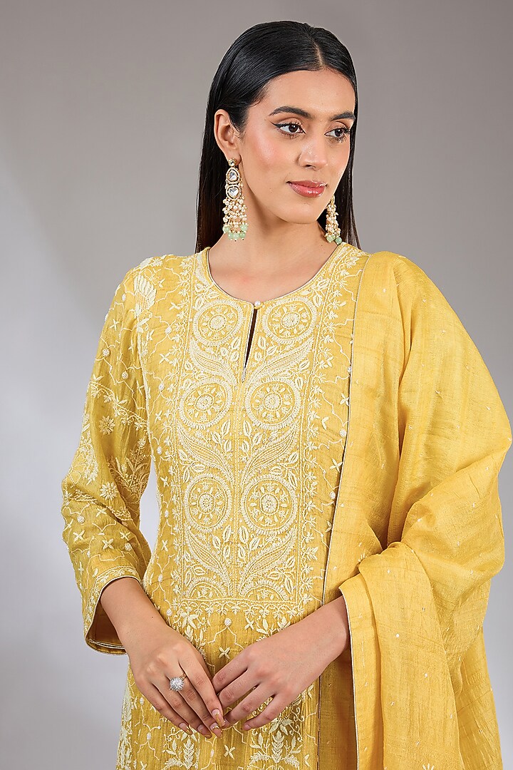 Yellow Tussar Pearl Embroidered Chikankari Wedding Anarkali Set by Nyara by Nicky Chawla at Pernia's Pop Up Shop