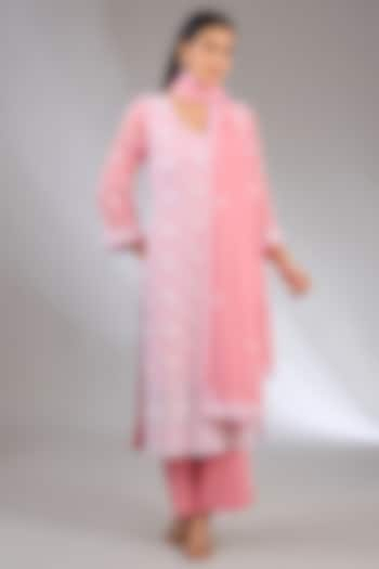 Pink Pure Georgette Cutdana Embroidered Chikankari Kurta Set by NYARA