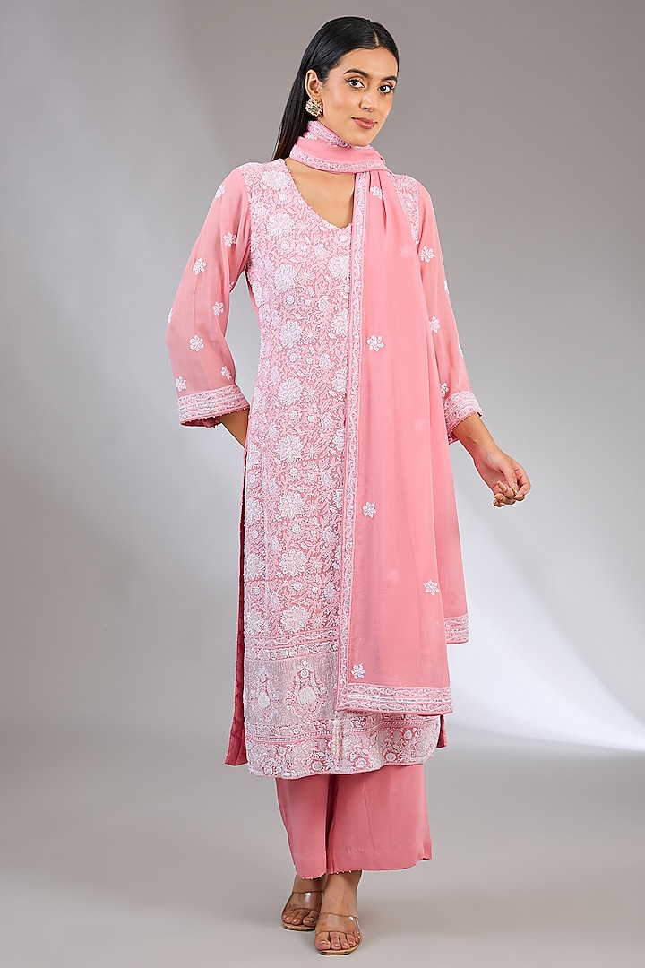 Pink Pure Georgette Cutdana Embroidered Chikankari Kurta Set by NYARA