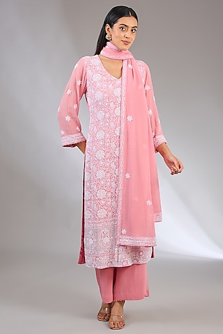 Pink Pure Georgette Cutdana Embroidered Chikankari Kurta Set by Nyara by Nicky Chawla
