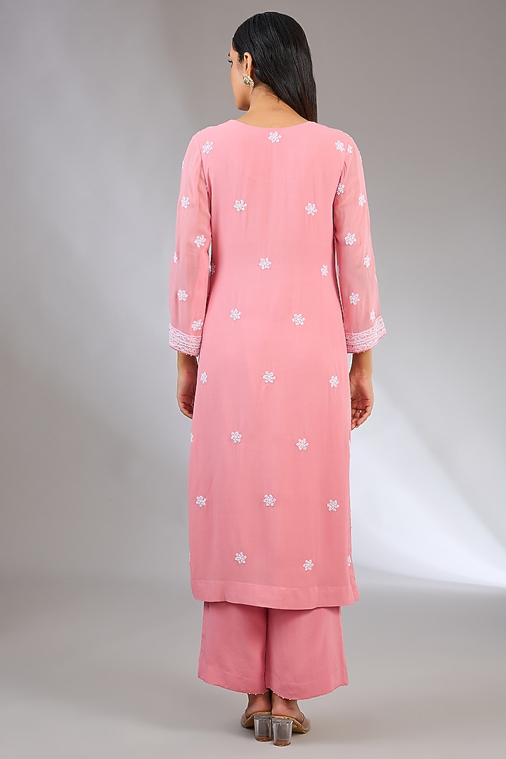 Pink Pure Georgette Cutdana Embroidered Chikankari Kurta Set by Nyara by Nicky Chawla at Pernia's Pop Up Shop