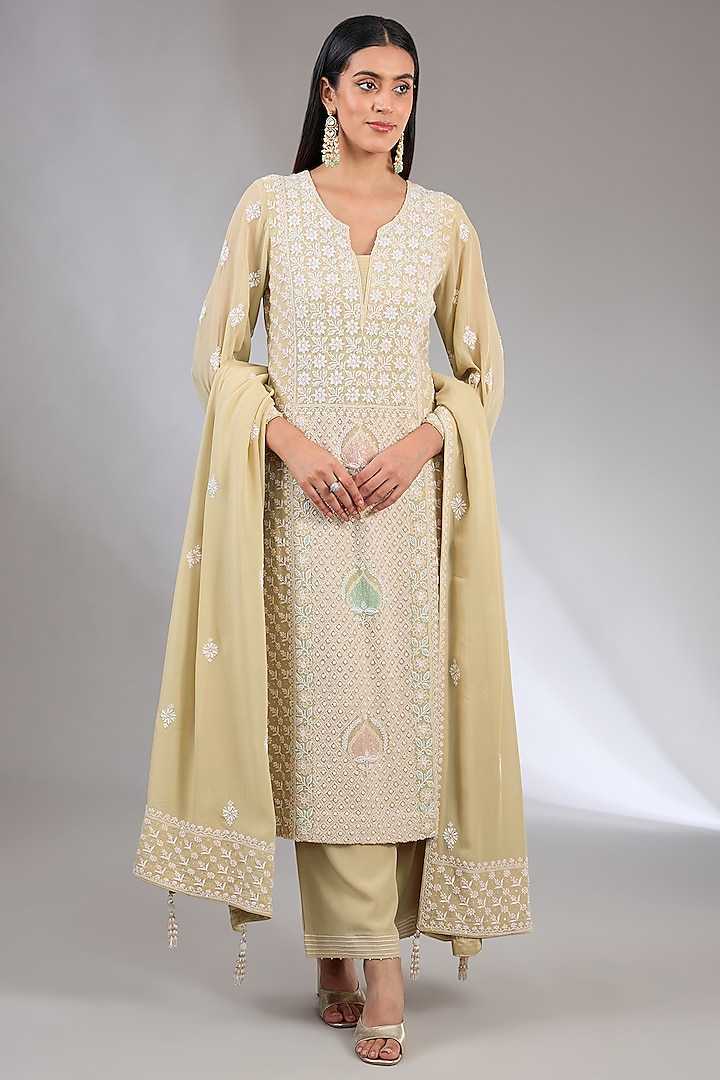 Beige Pure Georgette Cutdana Embroidered Chikankari Kurta Set by NYARA