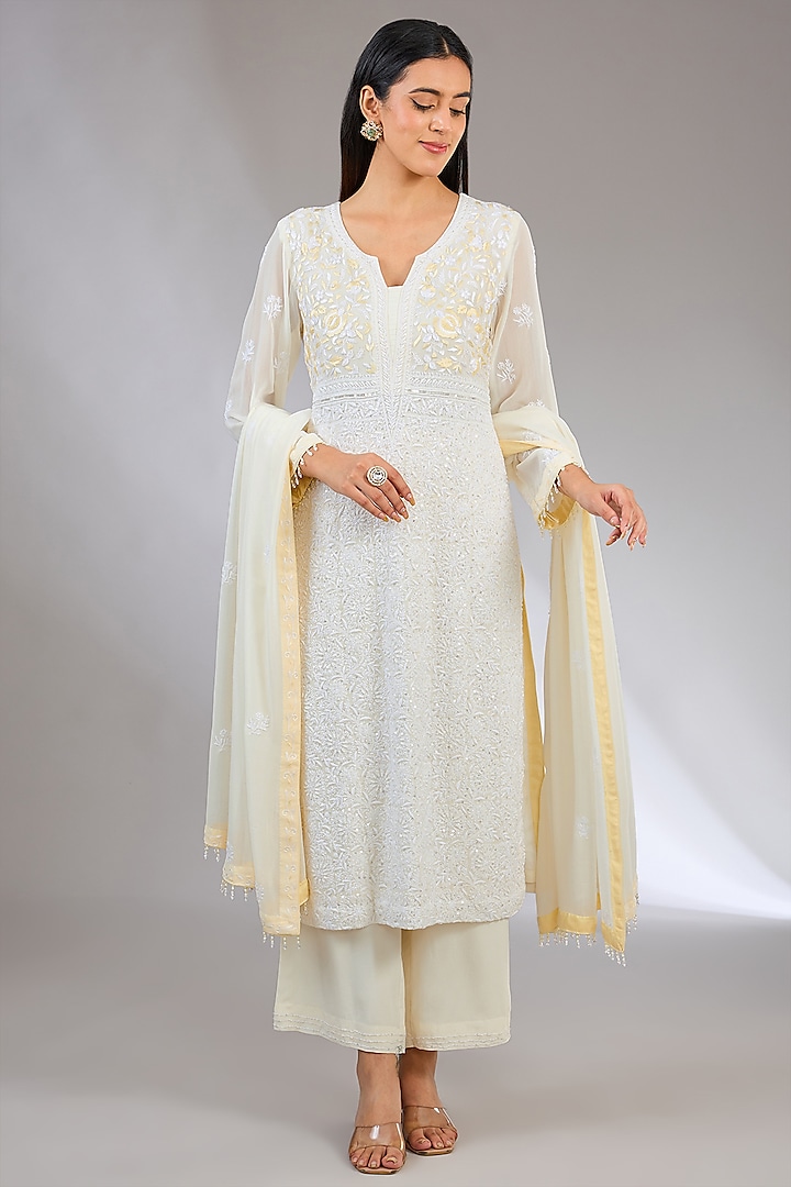 White Pure Georgette Parsi Work Chikankari Kurta Set by NYARA at Pernia's Pop Up Shop