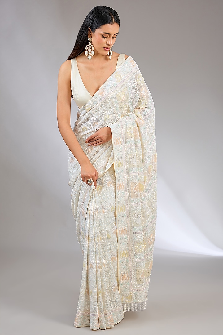 Ivory Pure Georgette Cutdana Embroidered Chikankari Saree by NYARA