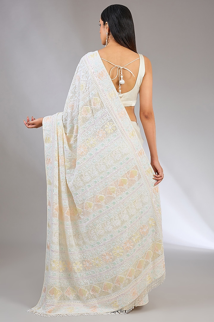 Ivory Pure Georgette Cutdana Embroidered Chikankari Reception Saree by Nyara by Nicky Chawla at Pernia's Pop Up Shop