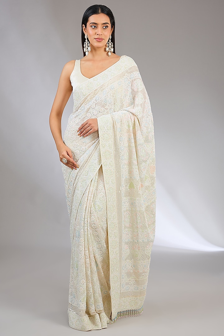 Ivory Pure Georgette Cutdana Embellished Chikankari Saree by NYARA at Pernia's Pop Up Shop