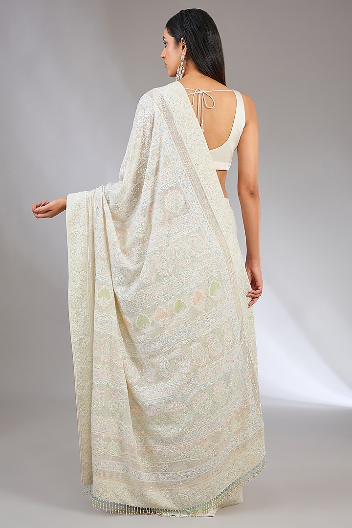 Ivory Pure Georgette Cutdana Embellished Chikankari Reception Saree by Nyara by Nicky Chawla at Pernia's Pop Up Shop