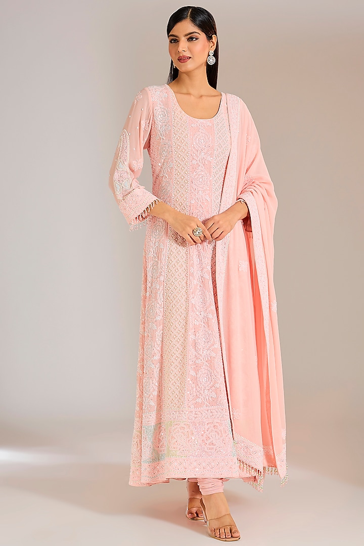 Pink Pure Georgette Chikankari Embroidered Anarkali Set by NYARA at Pernia's Pop Up Shop