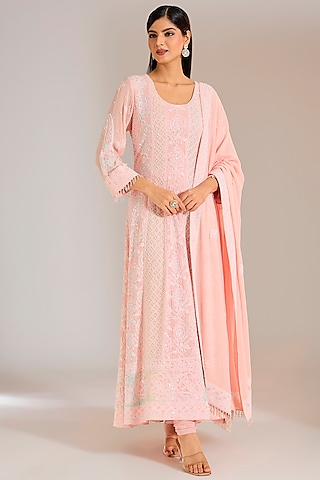 Pink Pure Georgette Chikankari Embroidered Anarkali Set by Nyara by Nicky Chawla