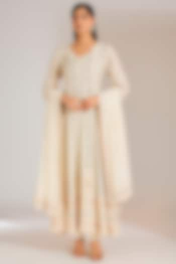 Ivory Pure Georgette Chikankari Embroidered Anarkali Set by Nyara by Nicky Chawla at Pernia's Pop Up Shop