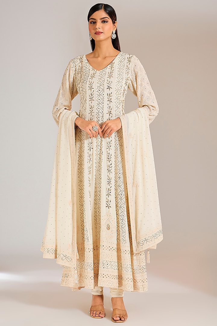 Ivory Pure Georgette Chikankari Embroidered Anarkali Set by NYARA at Pernia's Pop Up Shop