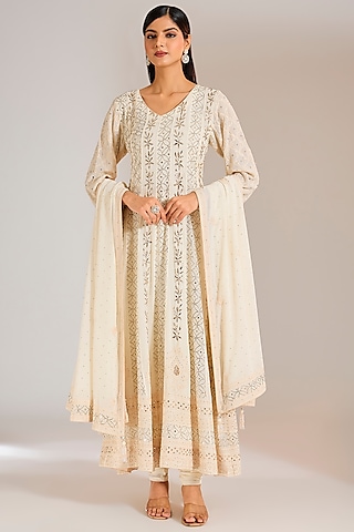 Ivory Pure Georgette Chikankari Embroidered Anarkali Set by Nyara by Nicky Chawla