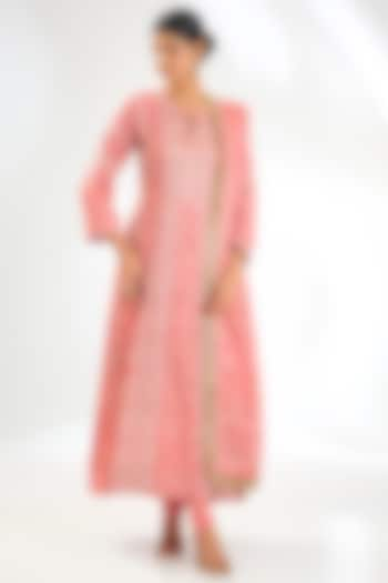 Pink Tussar Silk Chikankari Embroidered Anarkali Set by NYARA at Pernia's Pop Up Shop