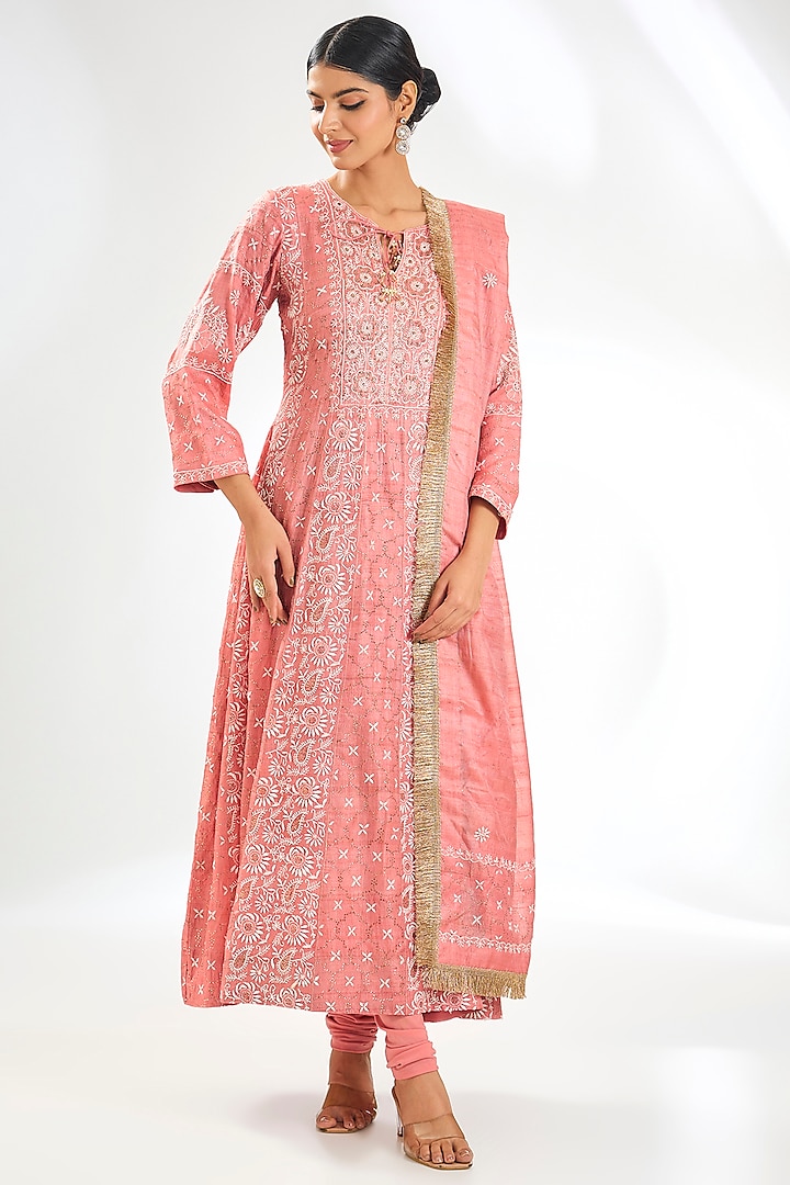 Pink Tussar Silk Chikankari Embroidered Anarkali Set by NYARA at Pernia's Pop Up Shop