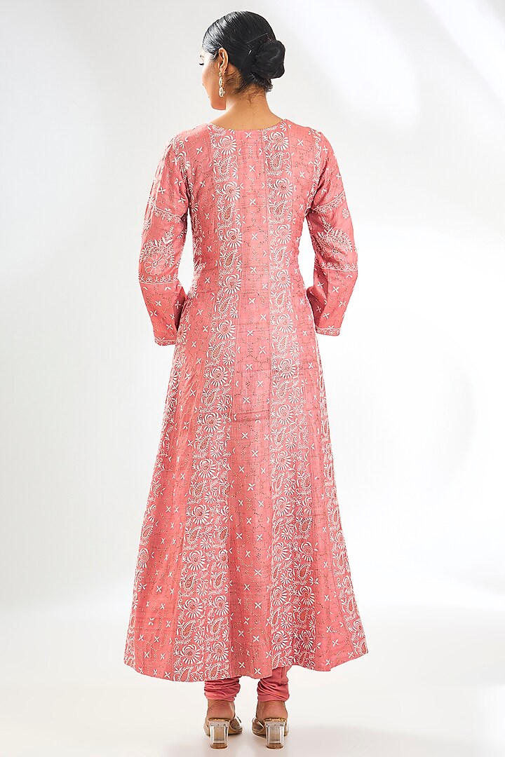 Pink Tussar Silk Chikankari Embroidered Wedding Anarkali Set by Nyara by Nicky Chawla at Pernia's Pop Up Shop