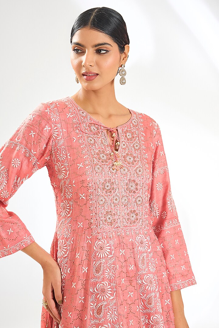 Pink Tussar Silk Chikankari Embroidered Wedding Anarkali Set by Nyara by Nicky Chawla at Pernia's Pop Up Shop
