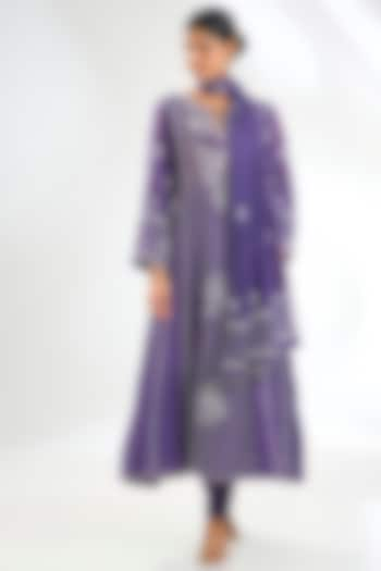 Purple Tussar Silk Chikankari Embroidered Anarkali Set by NYARA at Pernia's Pop Up Shop