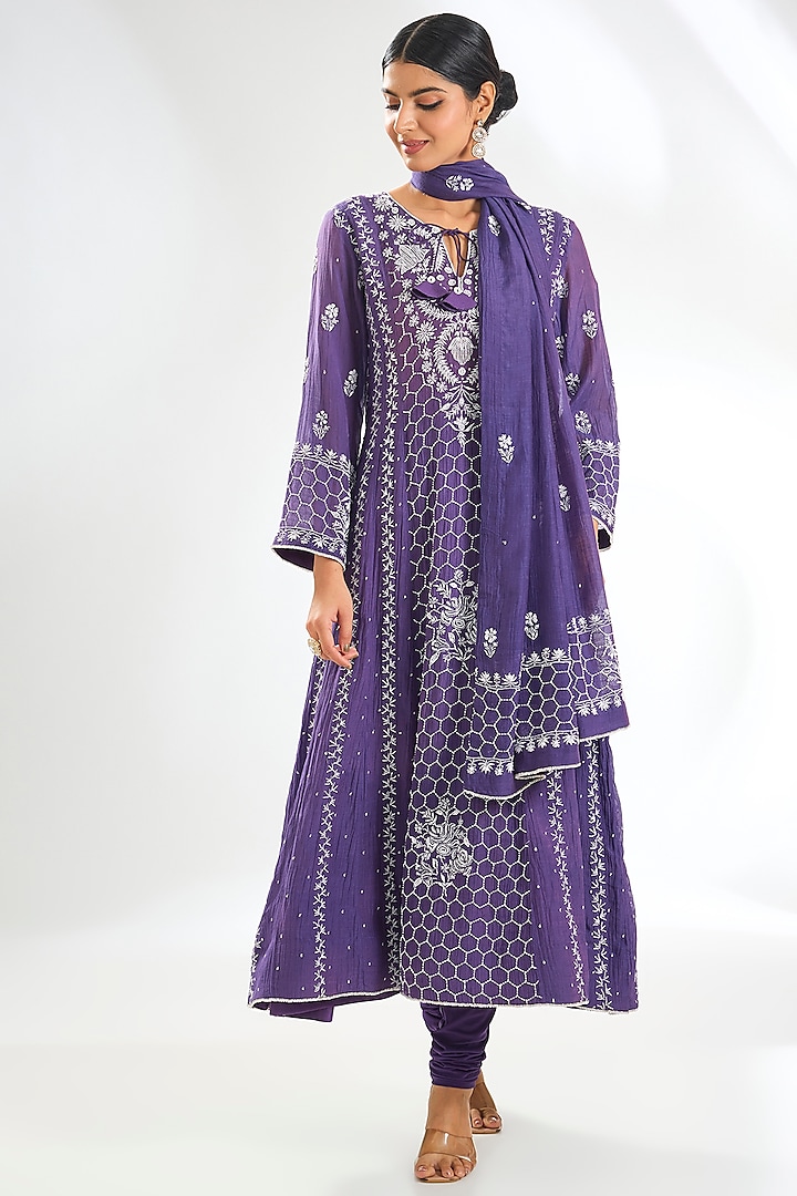 Purple Tussar Silk Chikankari Embroidered Anarkali Set by NYARA at Pernia's Pop Up Shop