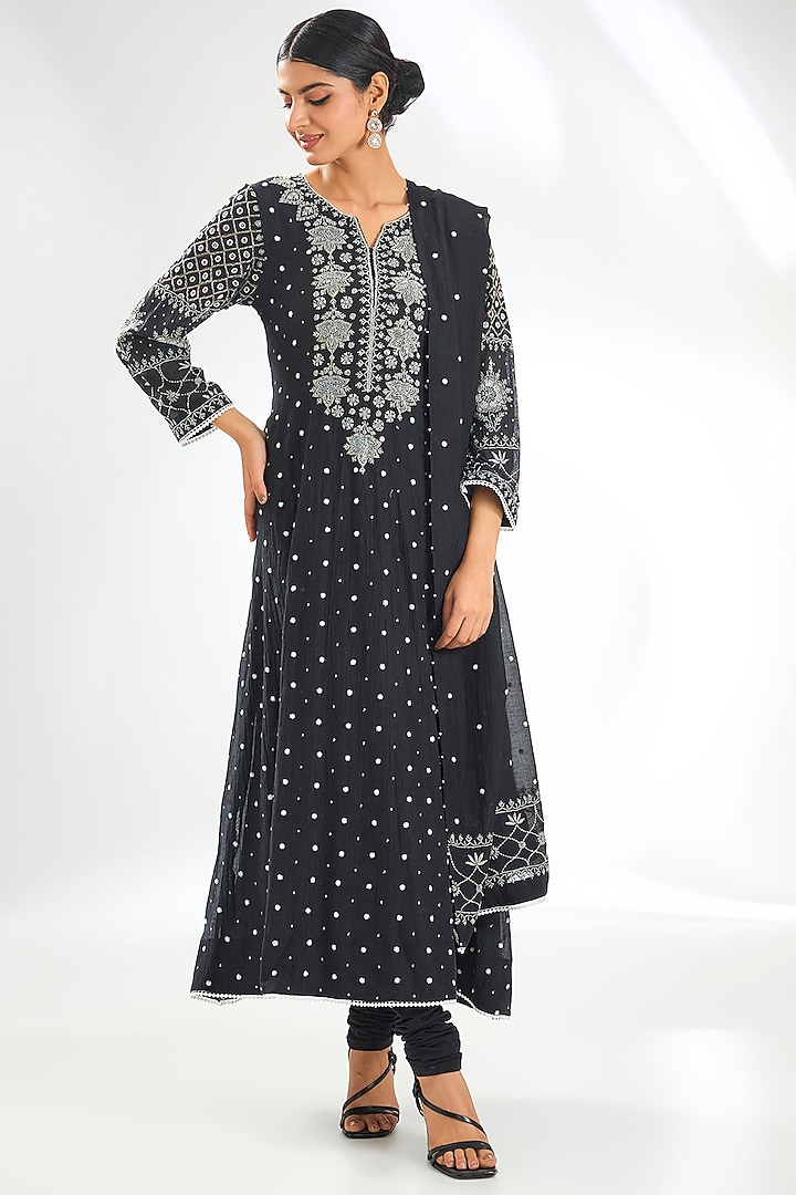 Black Mal Chanderi & Cotton Chikankari Embroidered Anarkali Set by NYARA at Pernia's Pop Up Shop