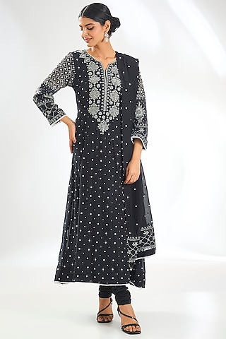 Black Mal Chanderi & Cotton Chikankari Embroidered Anarkali Set by Nyara by Nicky Chawla