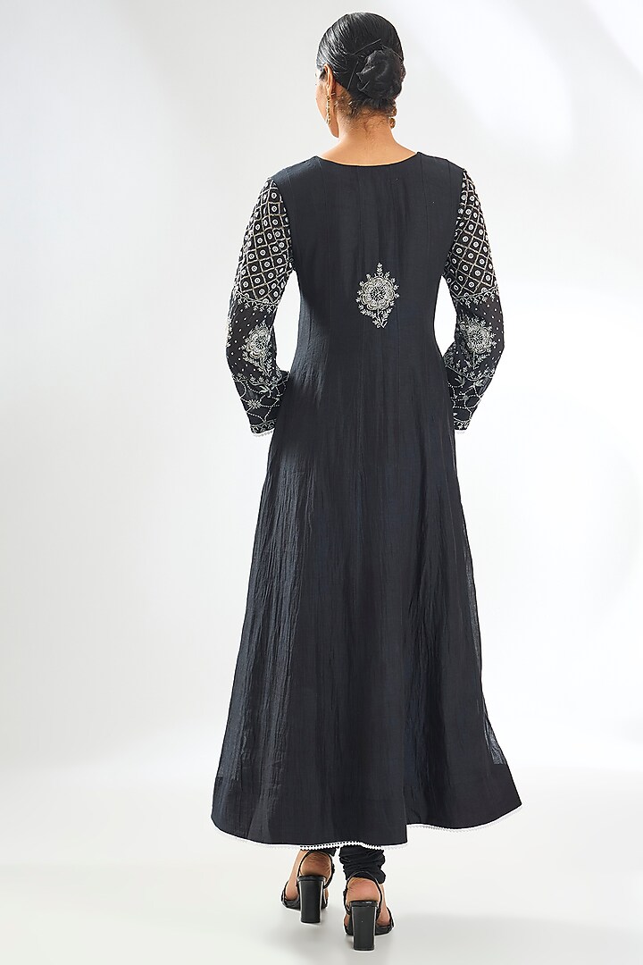 Black Mal Chanderi & Cotton Chikankari Embroidered Party Wear Anarkali Set by Nyara by Nicky Chawla at Pernia's Pop Up Shop