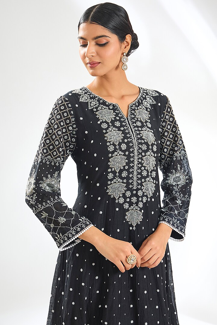 Black Mal Chanderi & Cotton Chikankari Embroidered Party Wear Anarkali Set by Nyara by Nicky Chawla at Pernia's Pop Up Shop