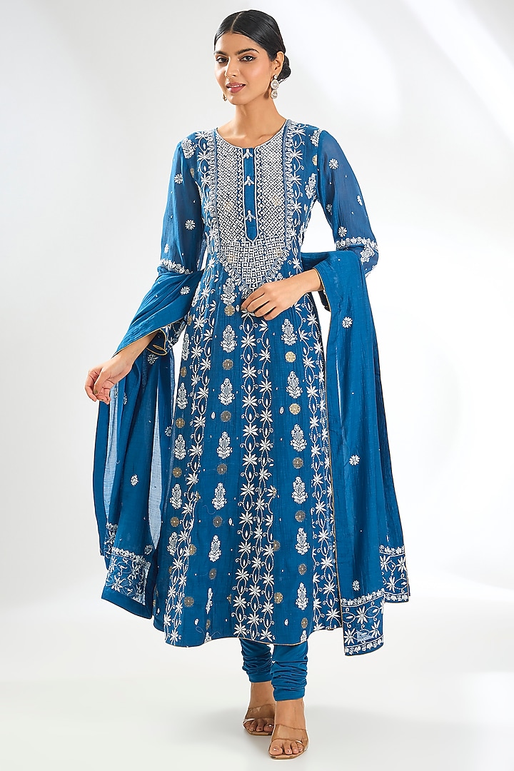 Blue Mal Chanderi & Cotton Chikankari Embroidered Anarkali Set by NYARA at Pernia's Pop Up Shop