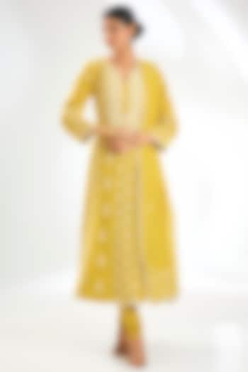 Yellow Mal Chanderi & Cotton Chikankari Embroidered Anarkali Set by NYARA at Pernia's Pop Up Shop