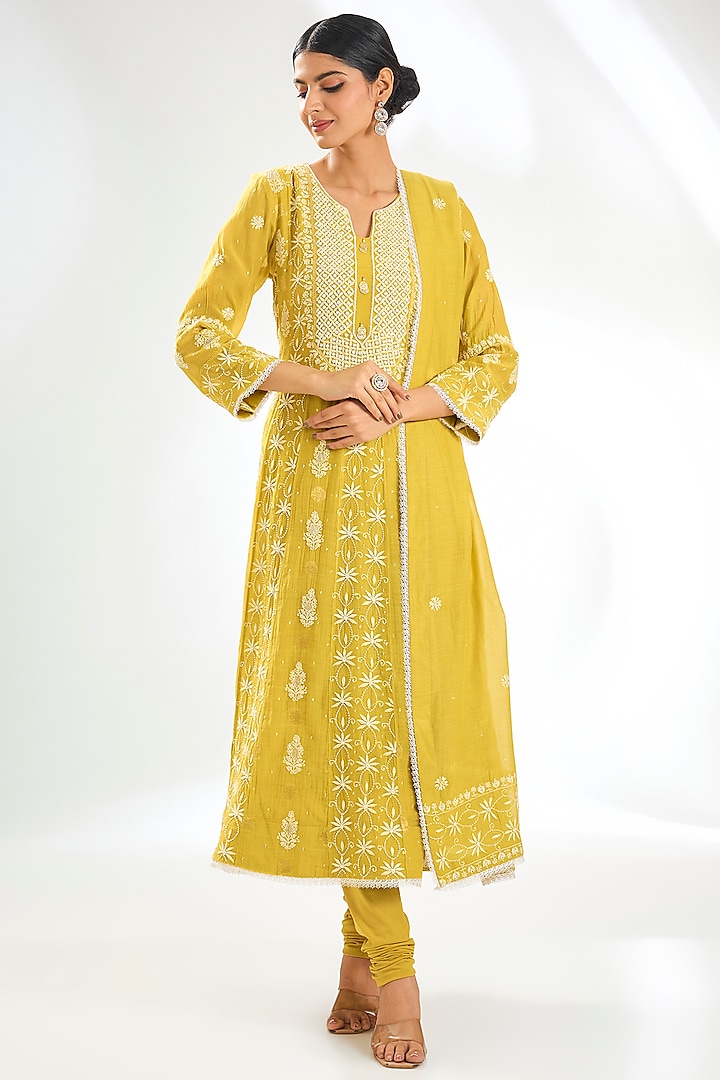 Yellow Mal Chanderi & Cotton Chikankari Embroidered Anarkali Set by NYARA at Pernia's Pop Up Shop