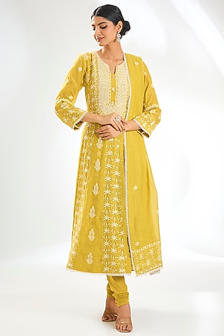 Yellow Mal Chanderi & Cotton Chikankari Embroidered Anarkali Set by Nyara by Nicky Chawla