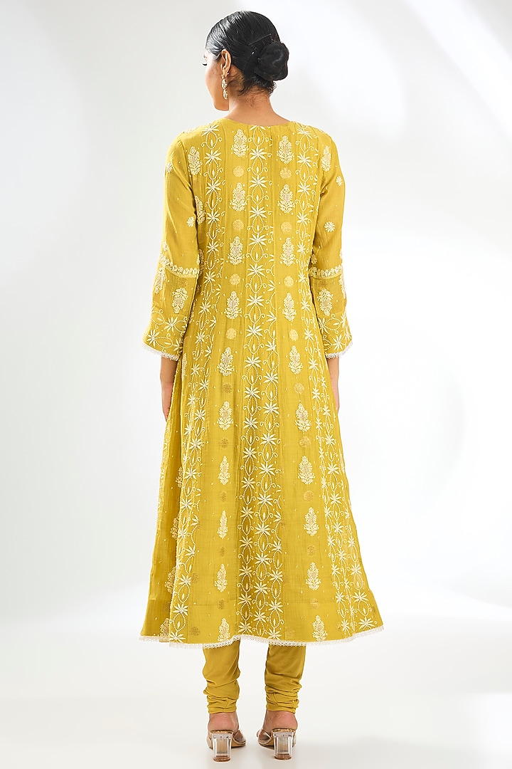 Yellow Mal Chanderi & Cotton Chikankari Embroidered Party Wear Anarkali Set by Nyara by Nicky Chawla at Pernia's Pop Up Shop