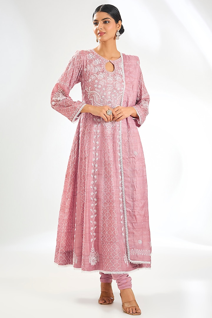 Pink Mal Chanderi & Cotton Chikankari Embroidered Anarkali Set by NYARA at Pernia's Pop Up Shop