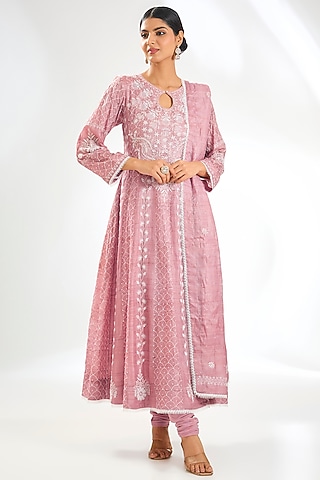Pink Tussar Silk & Silk Chikankari Embroidered Anarkali Set by Nyara by Nicky Chawla