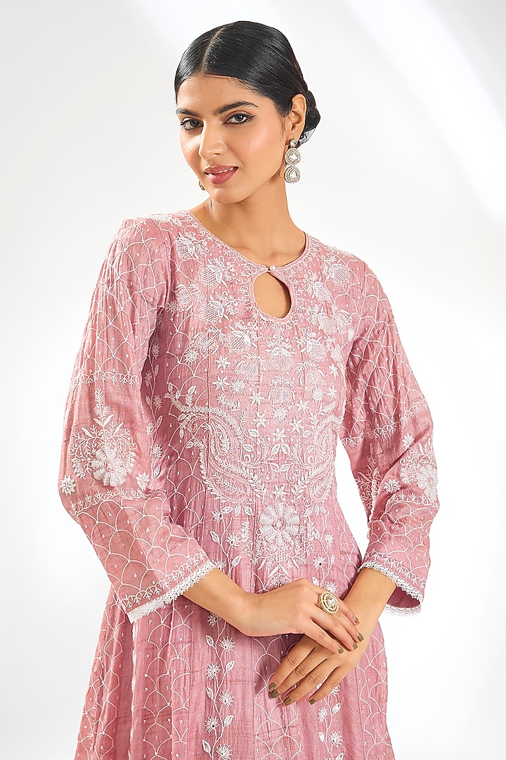 Pink Tussar Silk & Silk Chikankari Embroidered Wedding Anarkali Set by Nyara by Nicky Chawla at Pernia's Pop Up Shop
