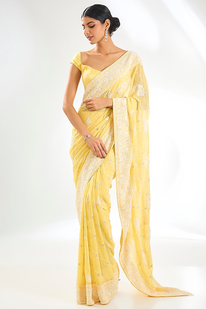 Yellow Pure Georgette Cutdana & Chikankari Embroidered Saree Set by Nyara by Nicky Chawla at Pernia's Pop Up Shop