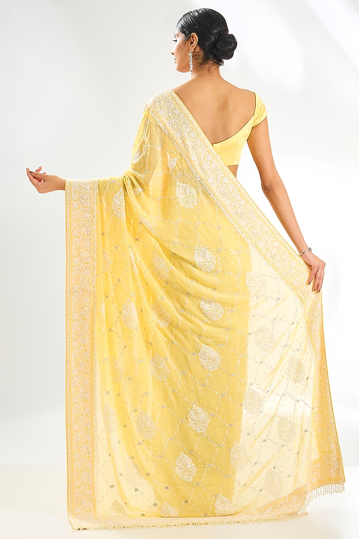 Yellow Pure Georgette Cutdana & Chikankari Embroidered Reception Saree Set by Nyara by Nicky Chawla at Pernia's Pop Up Shop