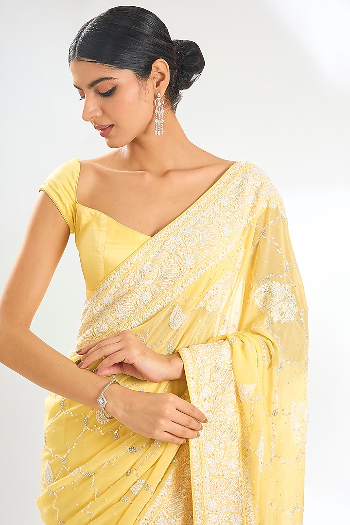 Yellow Pure Georgette Cutdana & Chikankari Embroidered Reception Saree Set by Nyara by Nicky Chawla at Pernia's Pop Up Shop