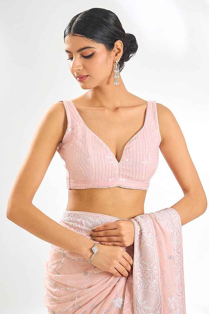 Pink Pure Georgette Cutdana & Chikankari Embroidered Reception Saree Set by Nyara by Nicky Chawla at Pernia's Pop Up Shop