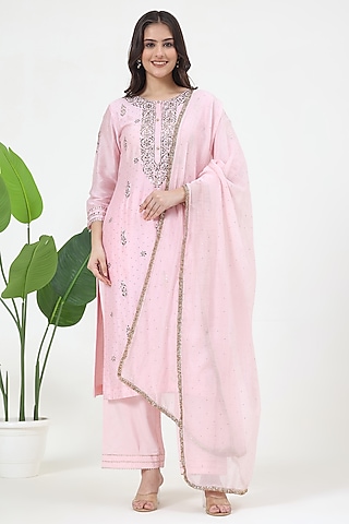 Pink Chanderi Silk Mukaish Embroidered Kurta Set by Nyara by Nicky Chawla