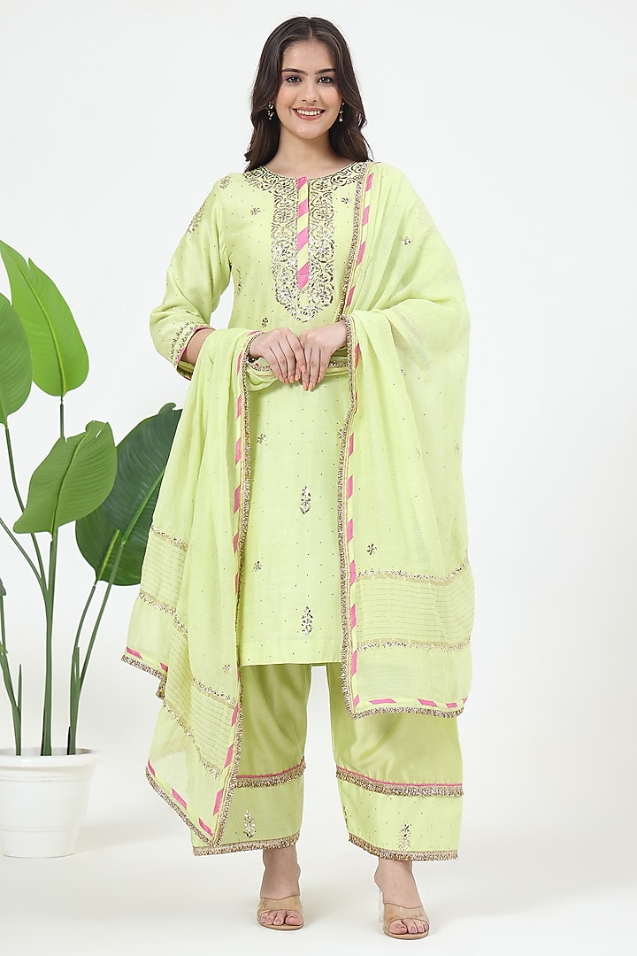Green Chanderi Silk Mukaish Embroidered Kurta Set by Nyara by Nicky Chawla at Pernia's Pop Up Shop