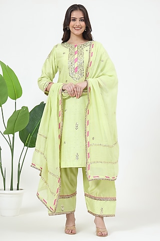 Green Chanderi Silk Mukaish Embroidered Kurta Set by Nyara by Nicky Chawla