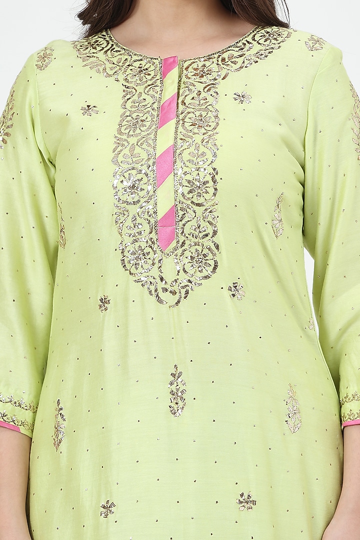 Green Chanderi Silk Mukaish Embroidered Kurta Set by Nyara by Nicky Chawla at Pernia's Pop Up Shop
