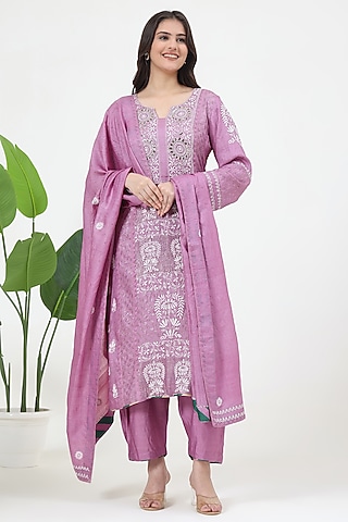 Purple Tussar Silk Mukaish Embroidered Kurta Set by Nyara by Nicky Chawla