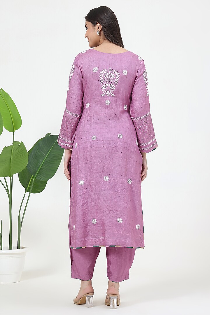 Purple Tussar Silk Mukaish Embroidered Kurta Set by Nyara by Nicky Chawla at Pernia's Pop Up Shop