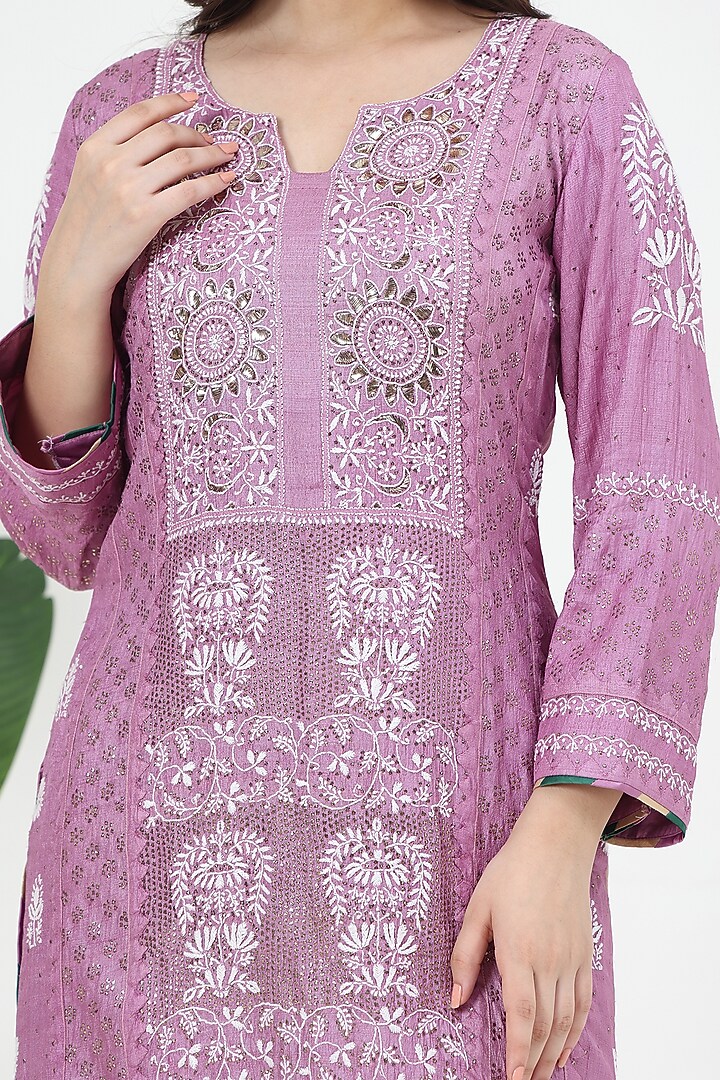 Purple Tussar Silk Mukaish Embroidered Kurta Set by Nyara by Nicky Chawla at Pernia's Pop Up Shop