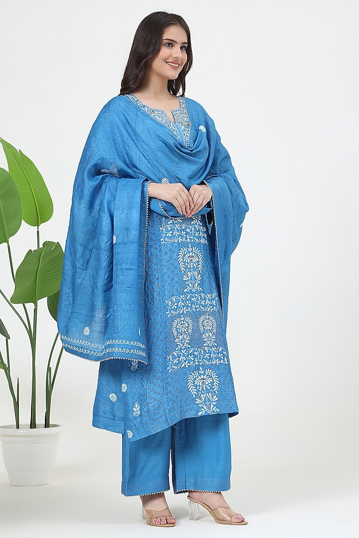 Blue Tussar Silk Mukaish Embroidered Kurta Set by Nyara by Nicky Chawla at Pernia's Pop Up Shop