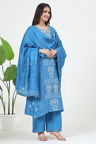 Blue Tussar Silk Mukaish Embroidered Kurta Set by Nyara by Nicky Chawla